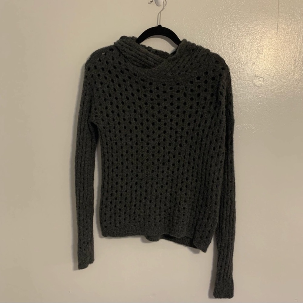 Cashmere One Grey Day Open Knit Funnel Neck Sweater